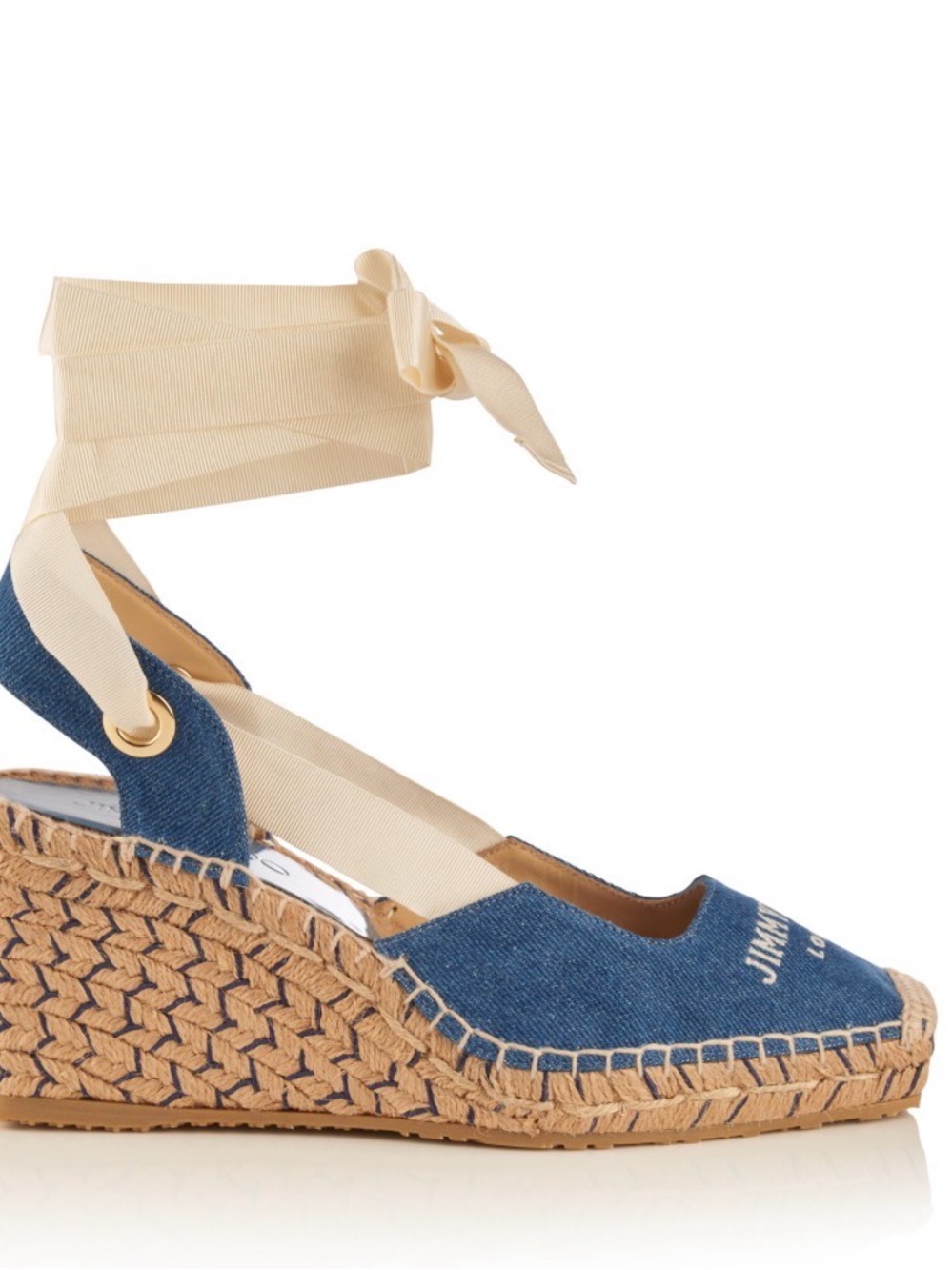 Jimmy Choo Denim Espadrille Wedge with Cream Ankle Ribbon